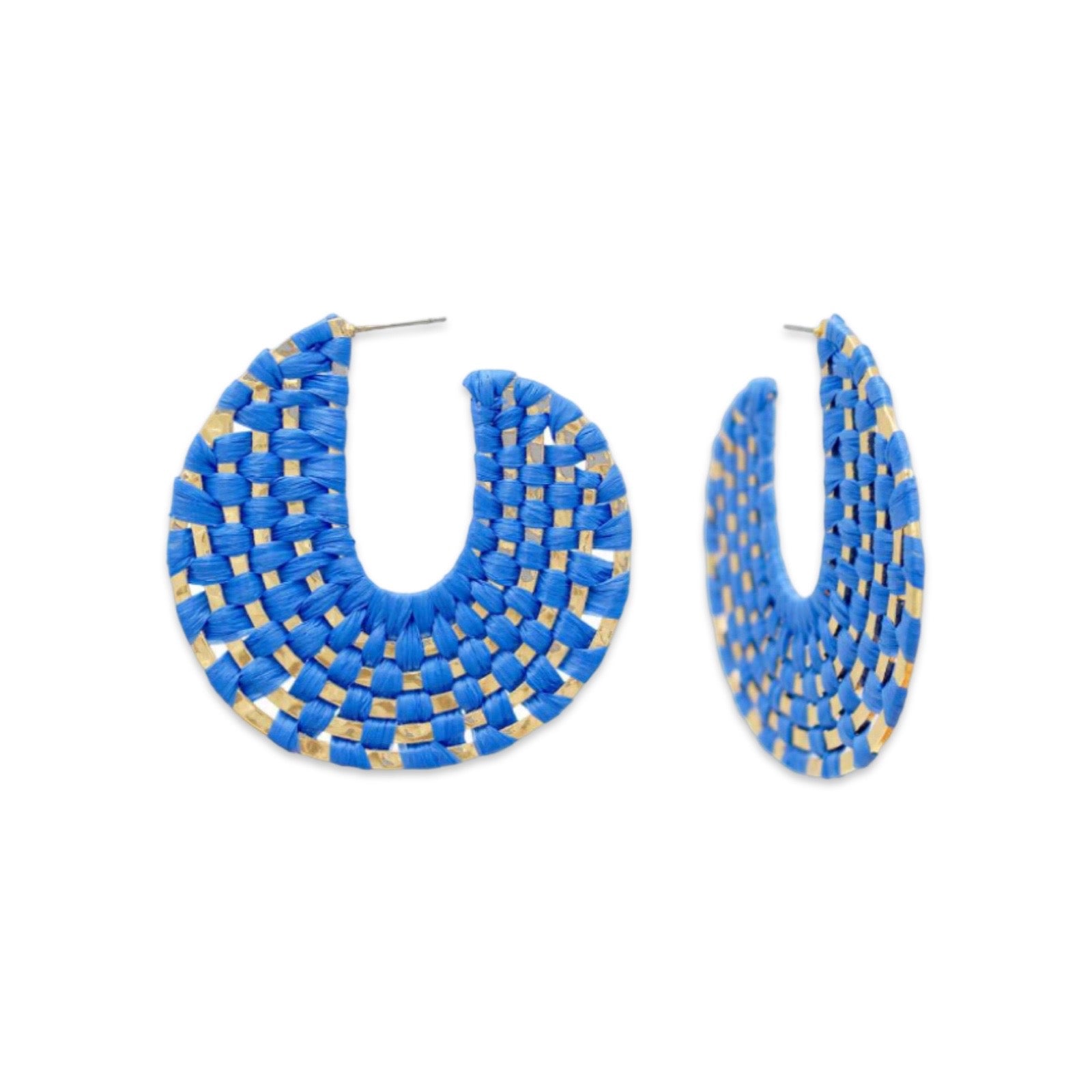 Cobalt Blue Gold Raffia Wrapped Hoop Earrings Raffia Hoop